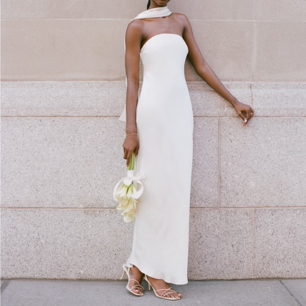 Strapless Scarf Maxi Dress Silky Bridal LWD Dress